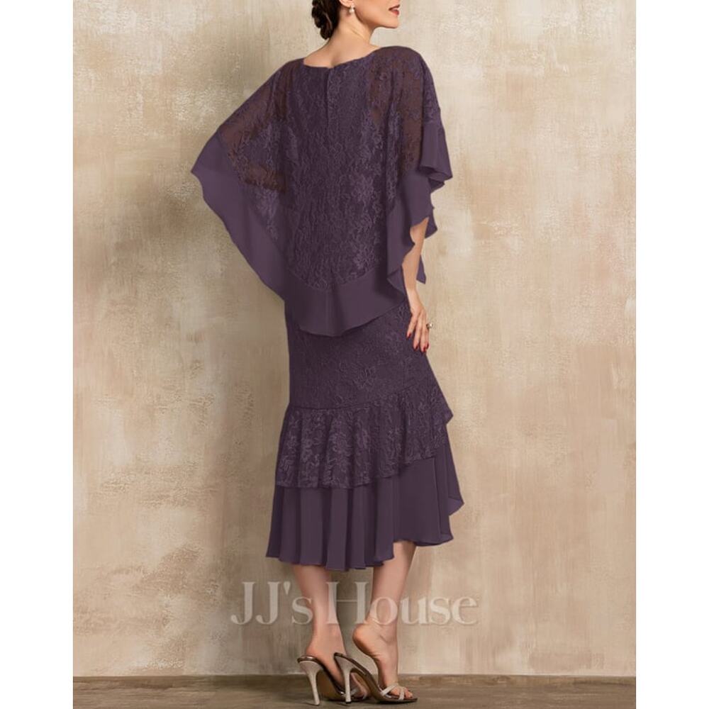 JJ's House Plum Chiffon Lace Cape Mermaid Dress with Sequins Beading Size 20W - Picture 2 of 10